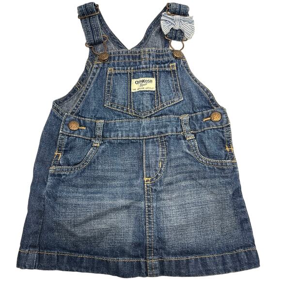 Oshkosh B’gosh Denim Blue Striped Bow Overalls Girls Sz 18 Mos - Picture 1 of 6